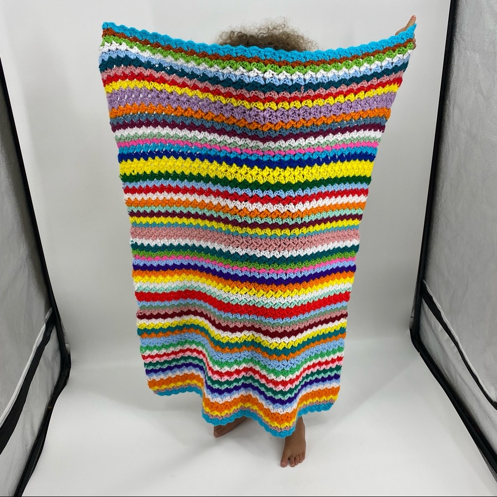 Vintage Hand Made Colorful Crochet Knit Baby Blanket - Picture 3 of 4